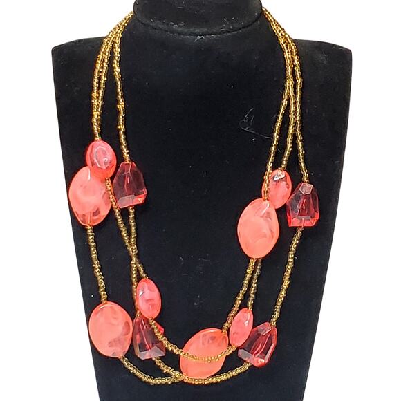 Gold Pink Beaded Multi Strand Retro Necklace 16" Unsigned - Picture 1 of 6